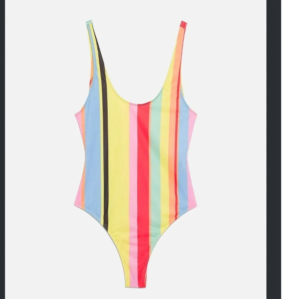 Zara Accessories Vertical Multi Color Striped One Piece Swimsuit Rainbow Scoop S